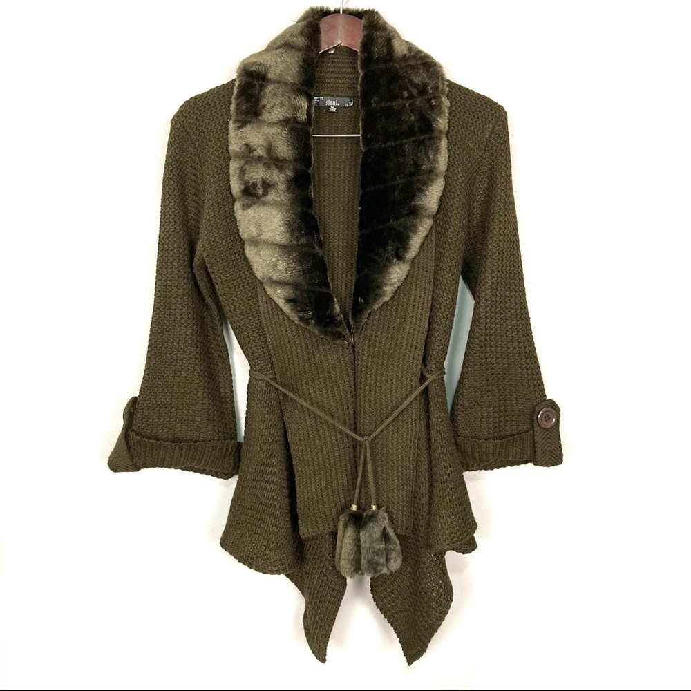 Sioni Wool Blend Cardigan Sweater Women’s Size M Faux Fur Collar Pom Pom Tie